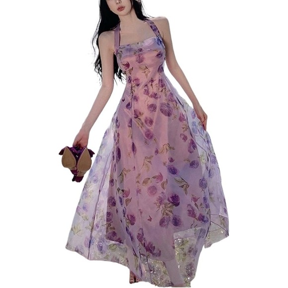 TCCX Tianchengchuxia Dresses & Skirts - TCCX Floral Mesh Midi Dress‎ Lace Up Back Fairycore Whimsigoth Sheer Overlay L